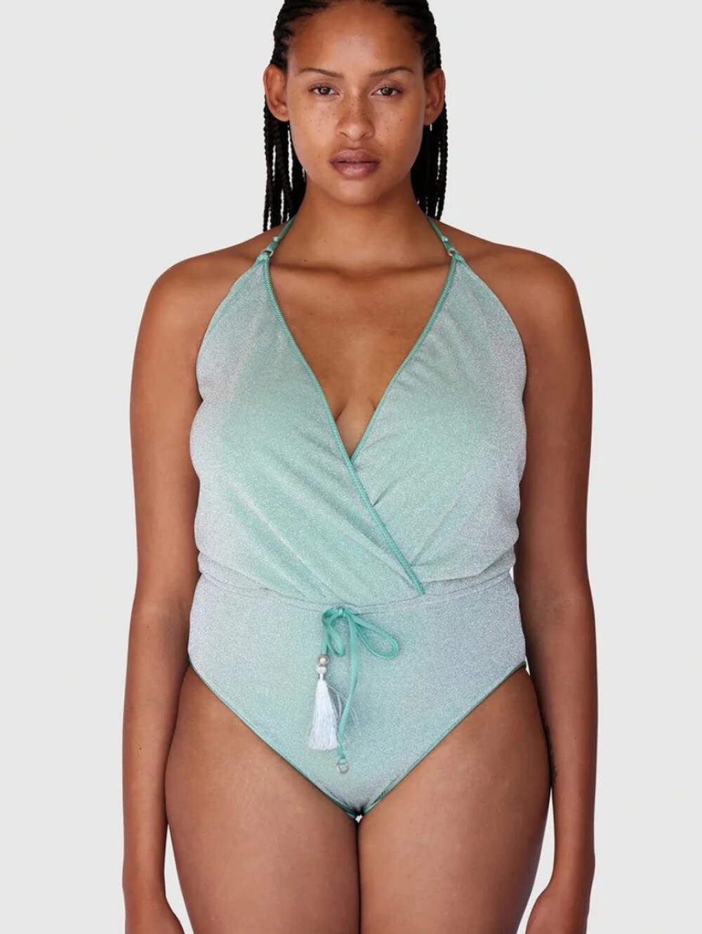 Hanne Block light blue glitter sparkling halter v plunge one piece swimsuit